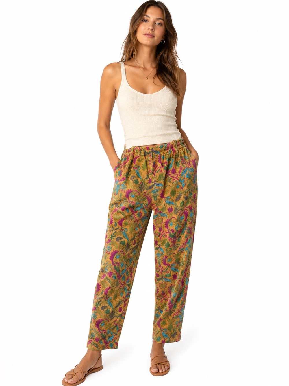 Piazza Sempione Italy Floral Pull On Pants Boho Tapered No Size Tag Fits XS